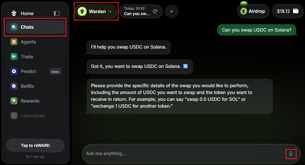 Send or swap assets using the Warden Agent
